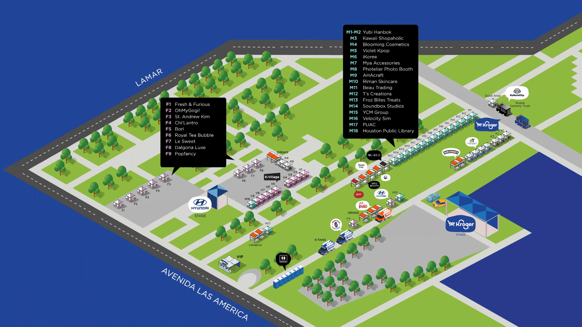 Map of the Korean Festival Houston grounds showing food vendors, merchandise vendors, both stages, K-Village, the VIP tent, restrooms, and the information booth